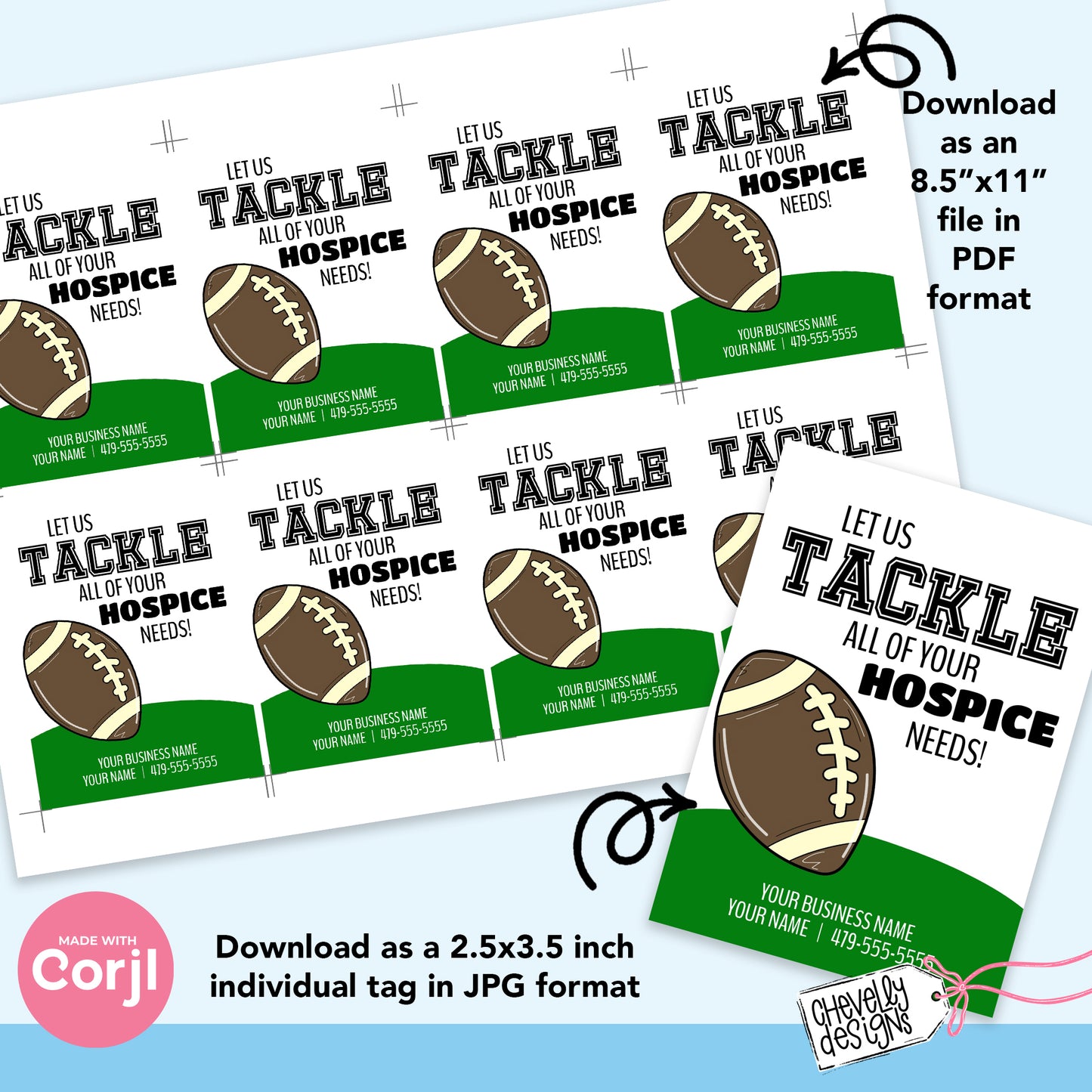 Editable Football Referral Gift Tags - Let Us Tackle Your Hospice Needs - Printable - Digital File