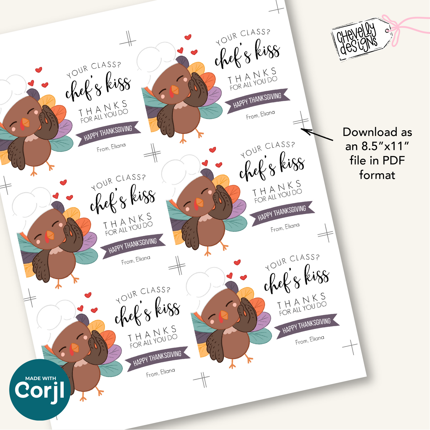 Editable Thanksgiving Turkey Gift Tag: “Your Class? Chef’s Kiss” Teacher Appreciation Printable (HT103a)