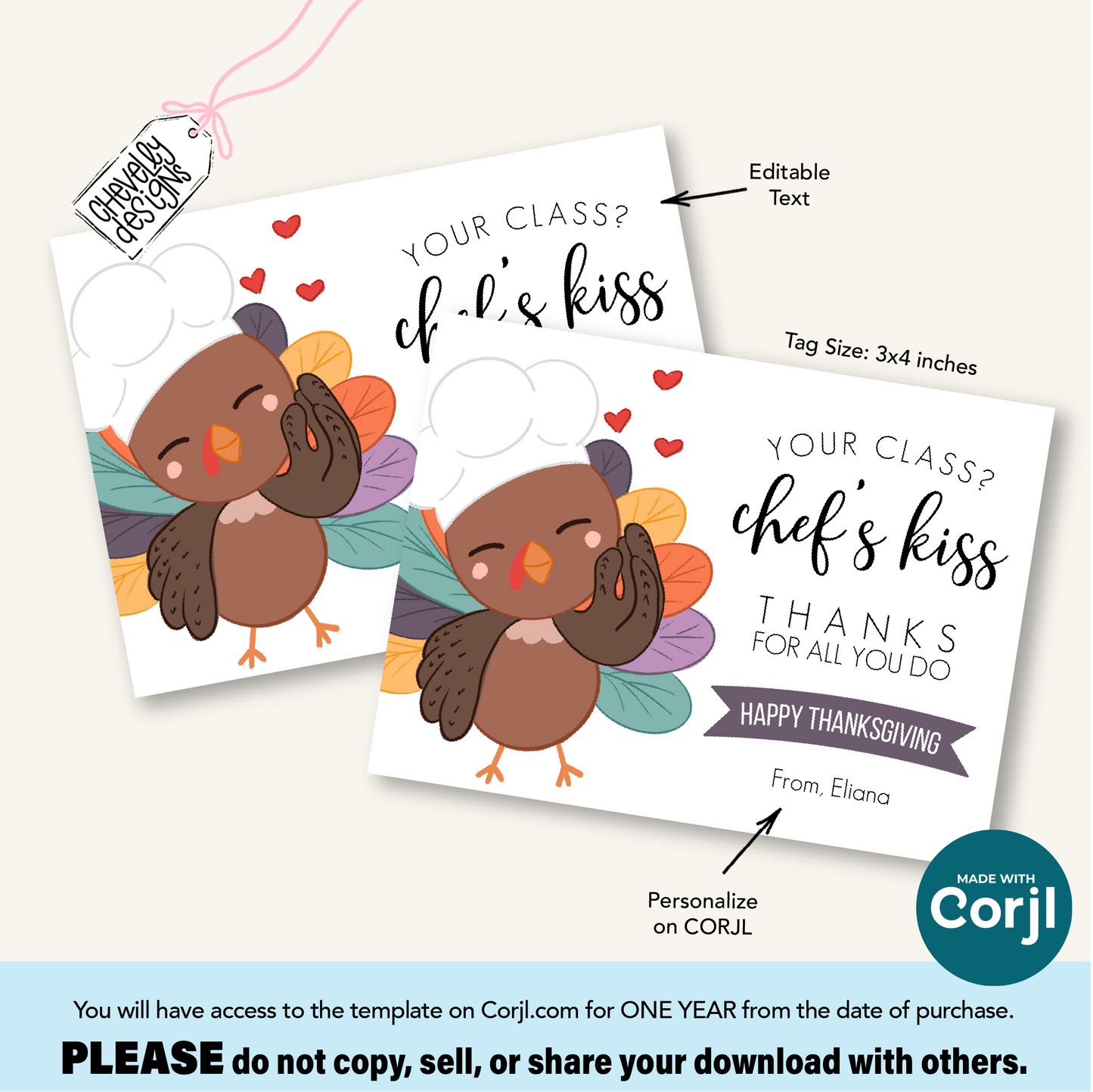 Editable Thanksgiving Turkey Gift Tag: “Your Class? Chef’s Kiss” Teacher Appreciation Printable (HT103a)