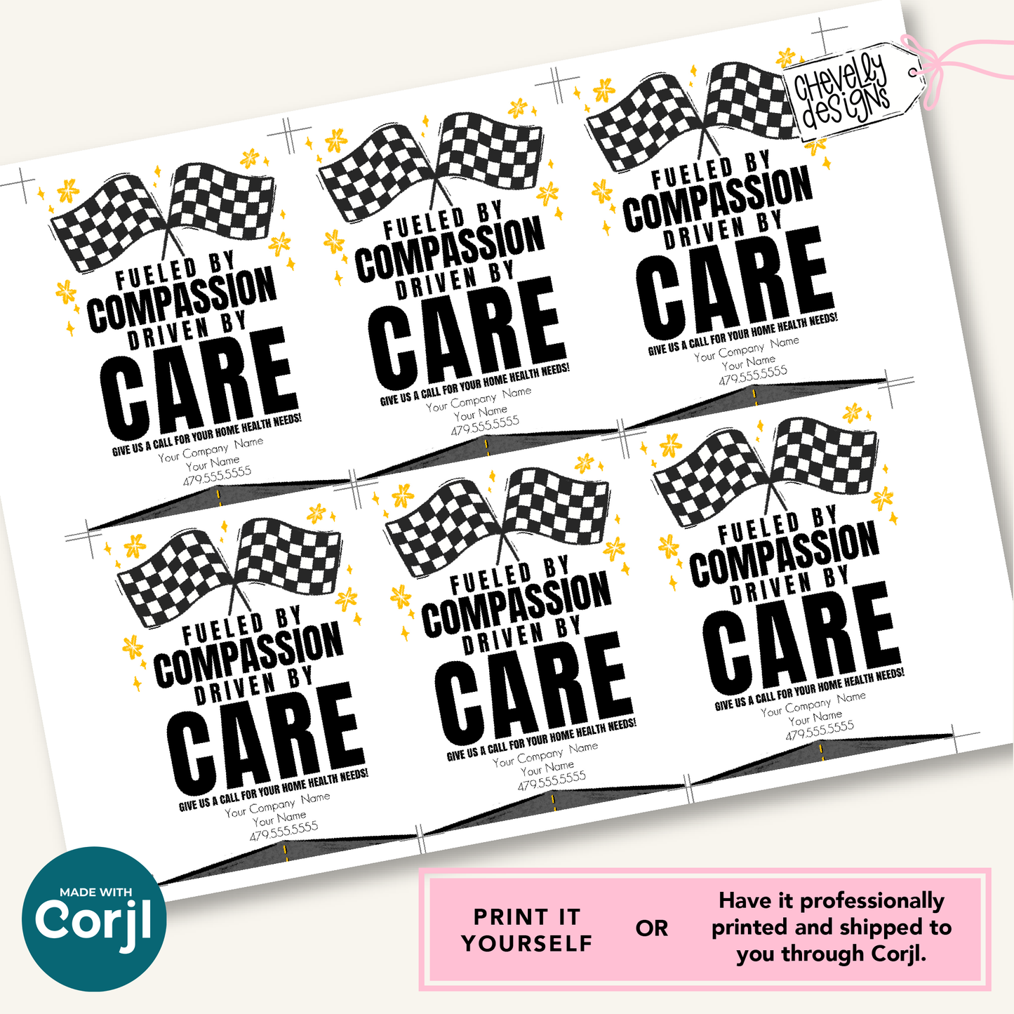 Editable Referral Gift Tag: Fueled by Compassion, Race Theme Marketing Label, Printable HT125