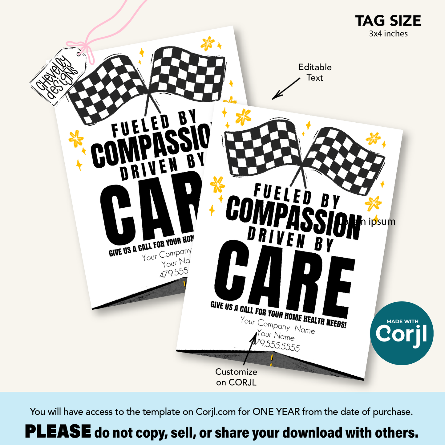 Editable Referral Gift Tag: Fueled by Compassion, Race Theme Marketing Label, Printable HT125