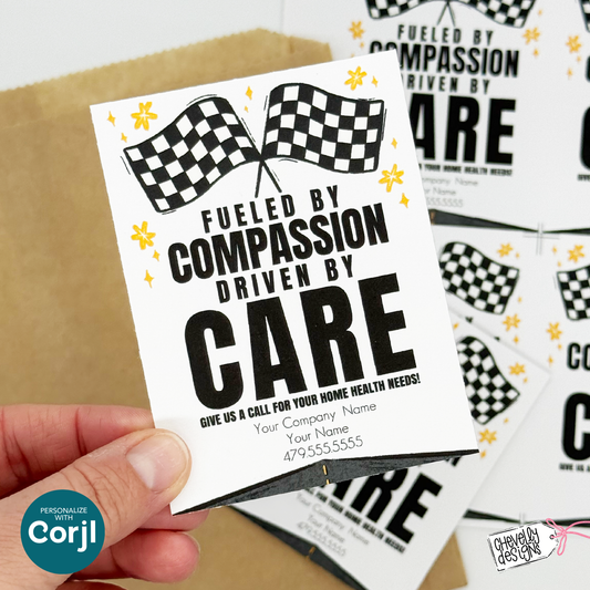 Editable Referral Gift Tag: Fueled by Compassion, Race Theme Marketing Label, Printable HT125