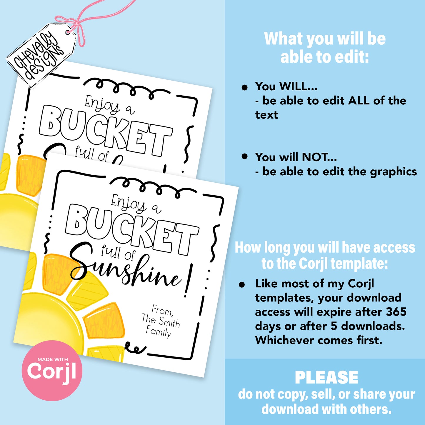 Editable Bucket full of Sunshine - Summer Gift Tag - Printable Digital File