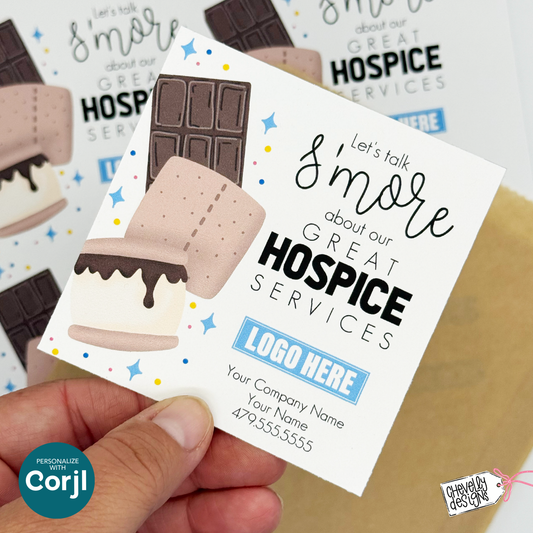 Editable Printable Gift Tag | S'mores Hospice Referral Marketing | Let's Talk S'more About Our Hospice Services | Corjl Template
