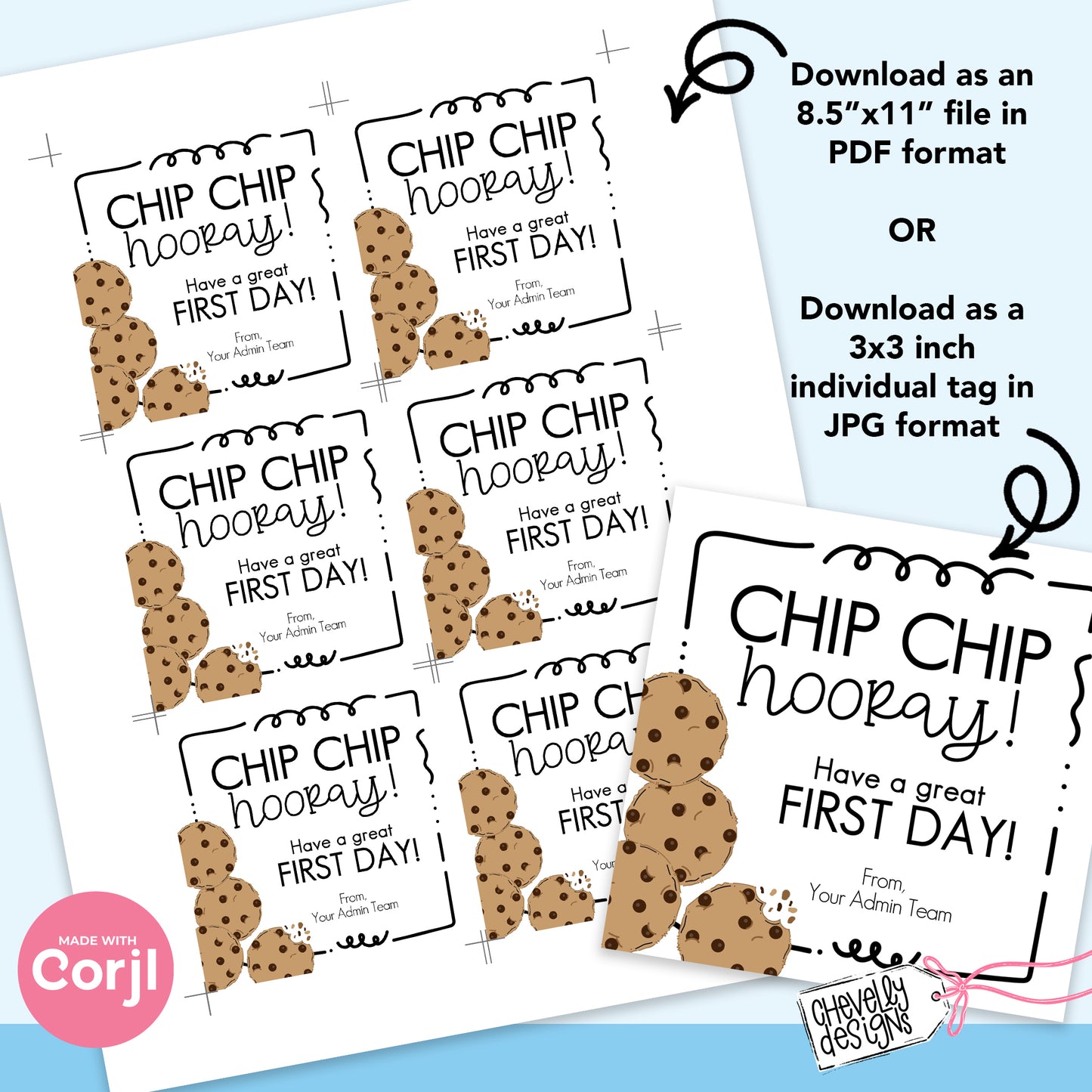 EDITABLE - Back to School Cookie Gift Tag - Chip Chip Hooray - Printable Digital File