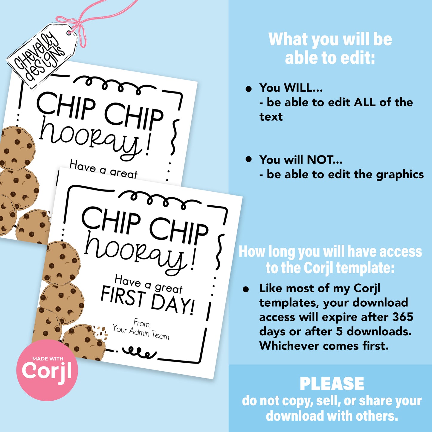 EDITABLE - Back to School Cookie Gift Tag - Chip Chip Hooray - Printable Digital File