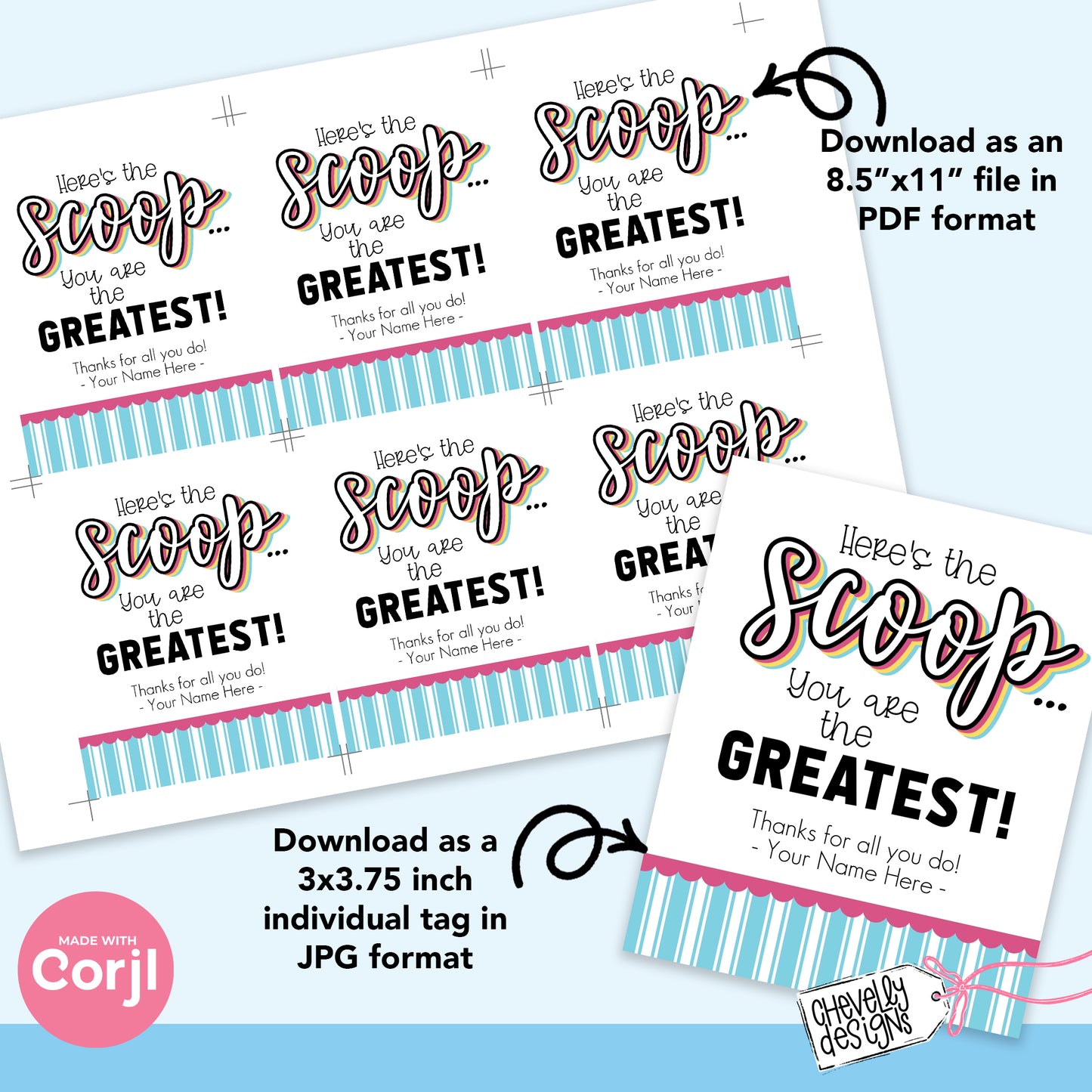 EDITABLE - Here's the Scoop - Ice Cream Appreciation Gift Tags - Printable Digital File