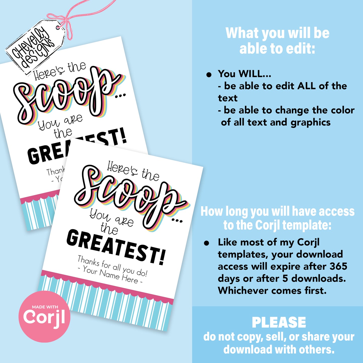 EDITABLE - Here's the Scoop - Ice Cream Appreciation Gift Tags - Printable Digital File