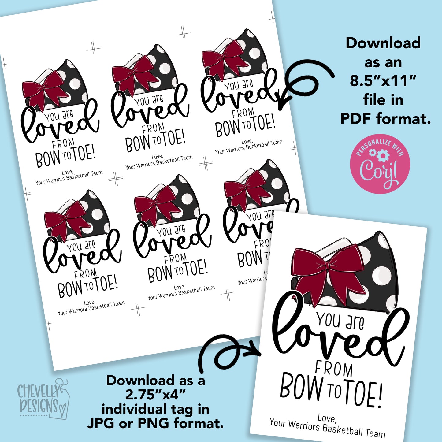 Editable - Gift Tags for Cheerleaders - Maroon, White, Black Cheer Bow Megaphone - Printable Digital File