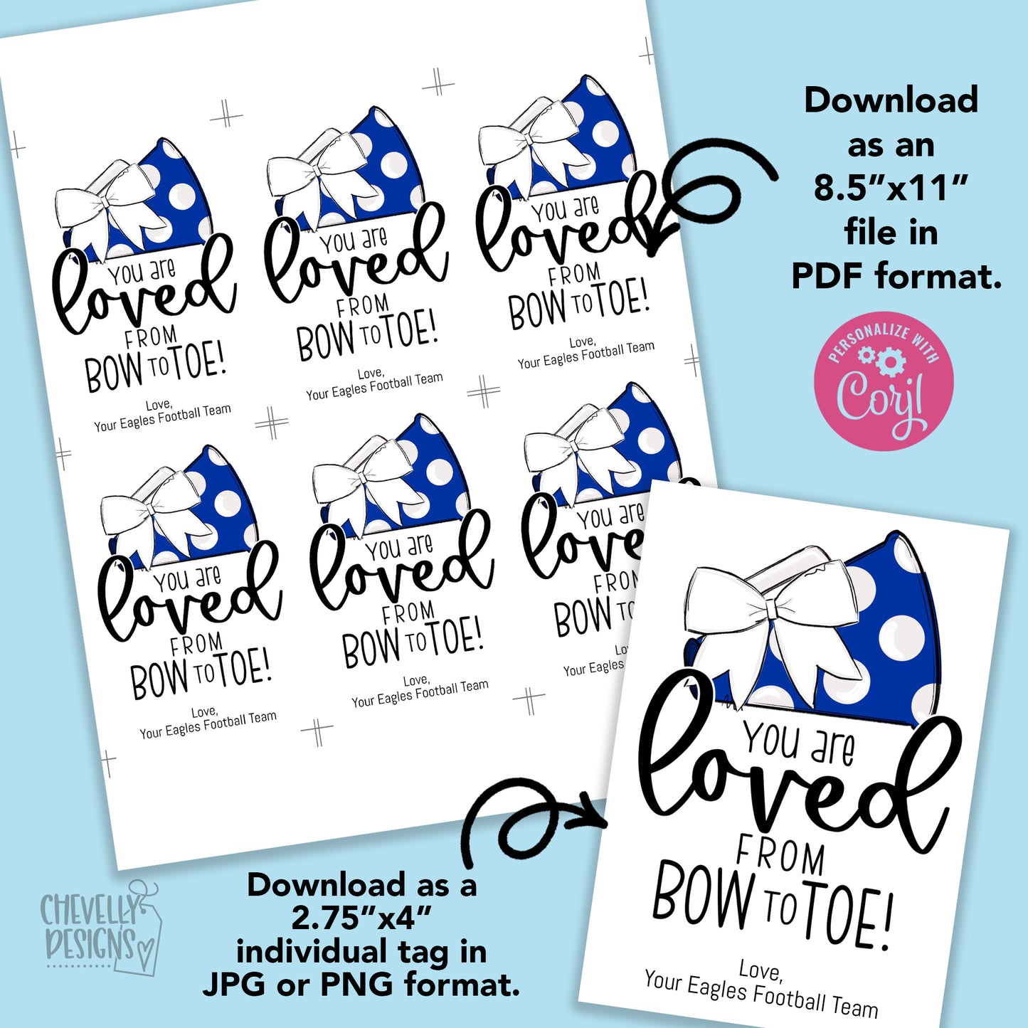 Editable - Gift Tags for Cheerleaders - White Cheer Bow Royal Blue Megaphone - Printable Digital File