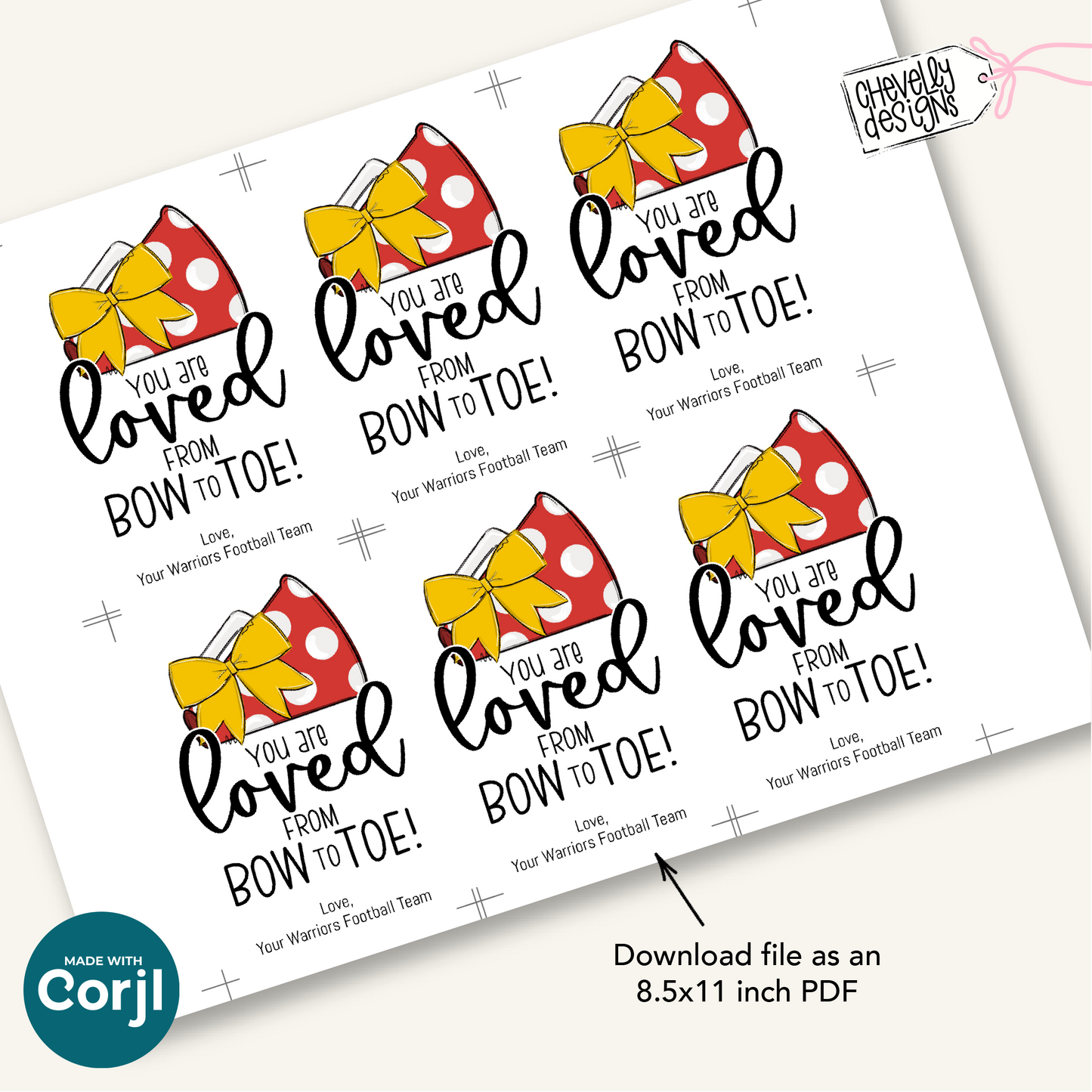 Editable - Gift Tags for Cheerleaders - Yellow Gold and Red Cheer Bow Megaphone - Printable Digital File | HT282y
