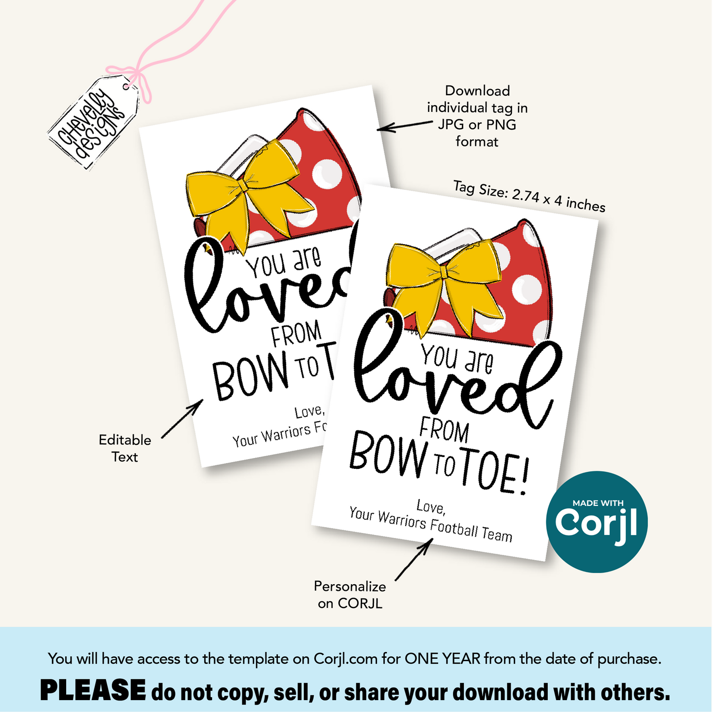Editable - Gift Tags for Cheerleaders - Yellow Gold and Red Cheer Bow Megaphone - Printable Digital File | HT282y