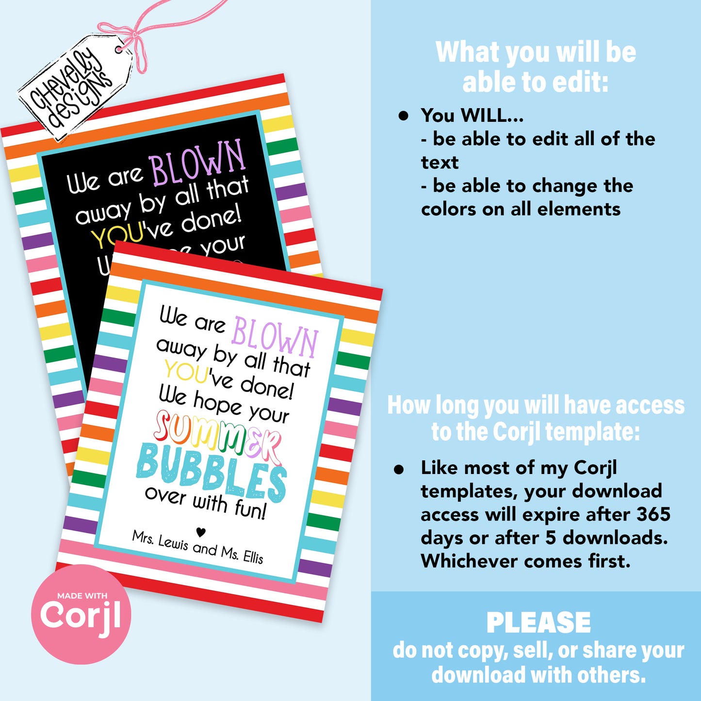 Editable - Blown Away End of School Student Gift Tags for Bubbles - Printable Digital File