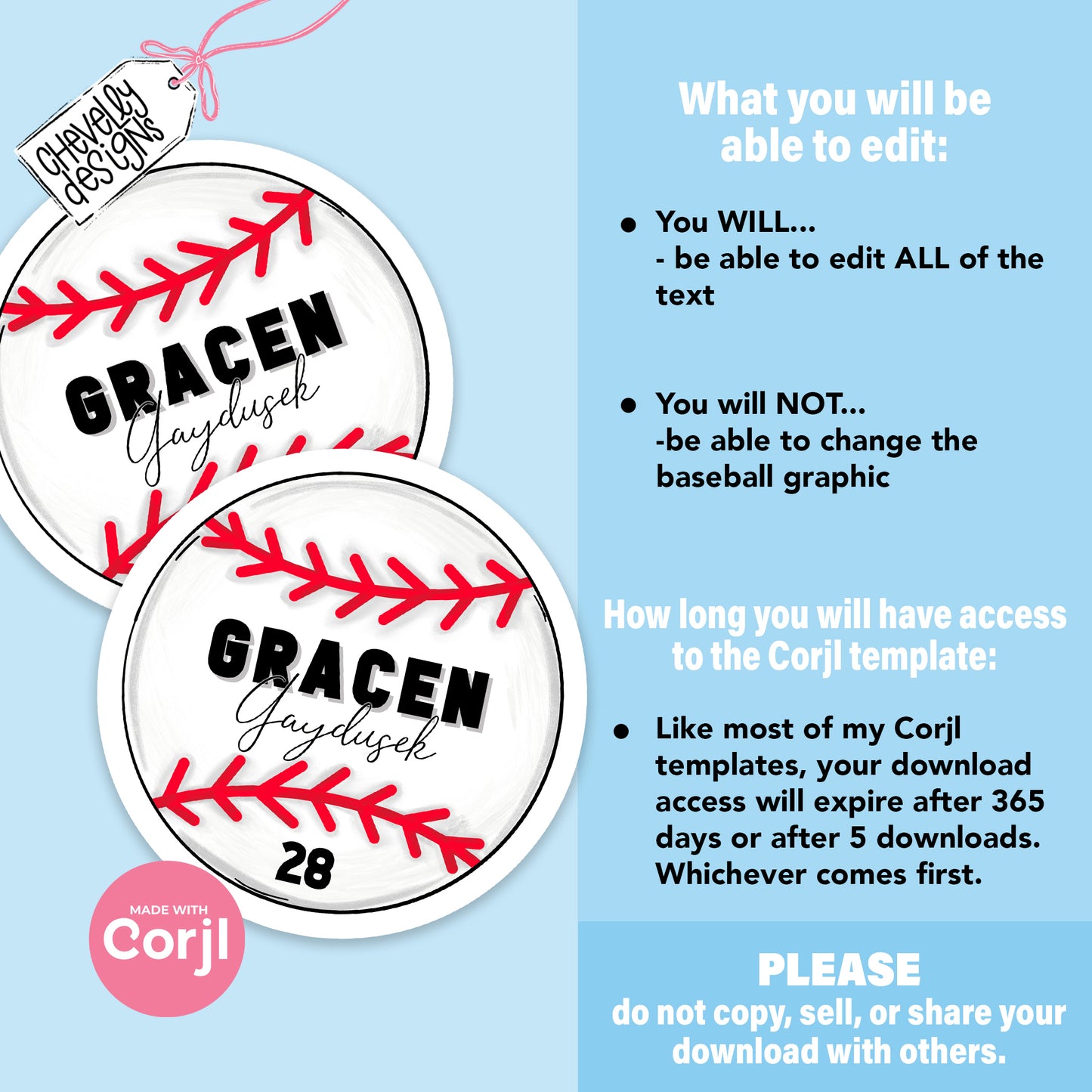EDITABLE - Baseball Gift Tag for Individual Player Gifts - Printable Digital File
