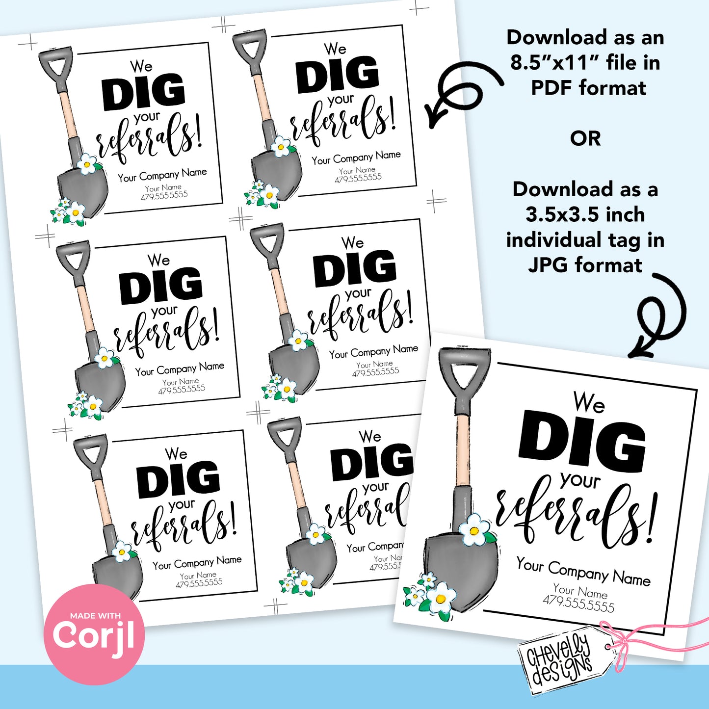 EDITABLE - We Dig Your Referrals - Shovel Flowers - Spring Business Referral Gift Tag - Printable Digital File