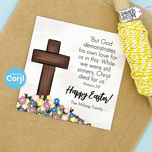 EDITABLE - While we were still sinners Christ died for us - Romans 5:8 - Easter Treat Gift Tag - Printable Digital File