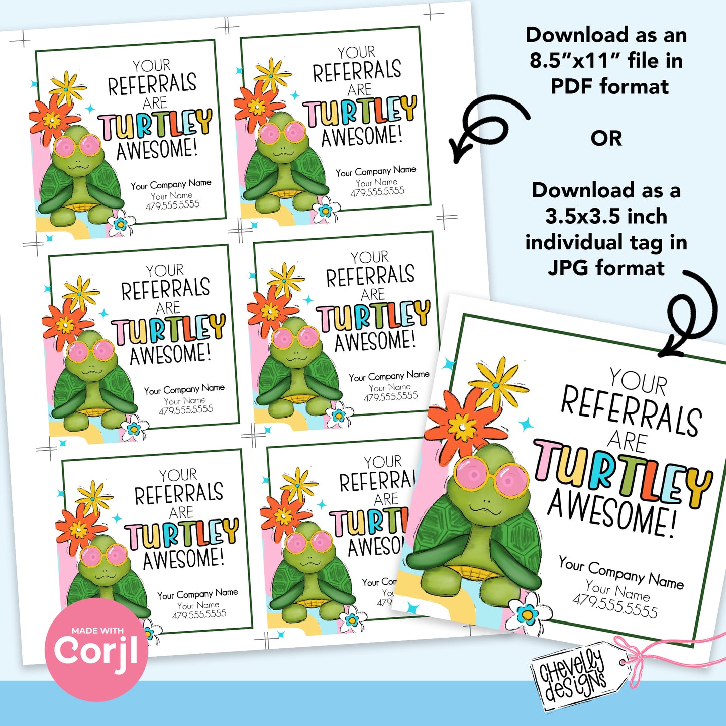 EDITABLE - Your Referrals are Turtley Awesome - Hippie Turtle - Marketing Gift Tag - Printable Digital File