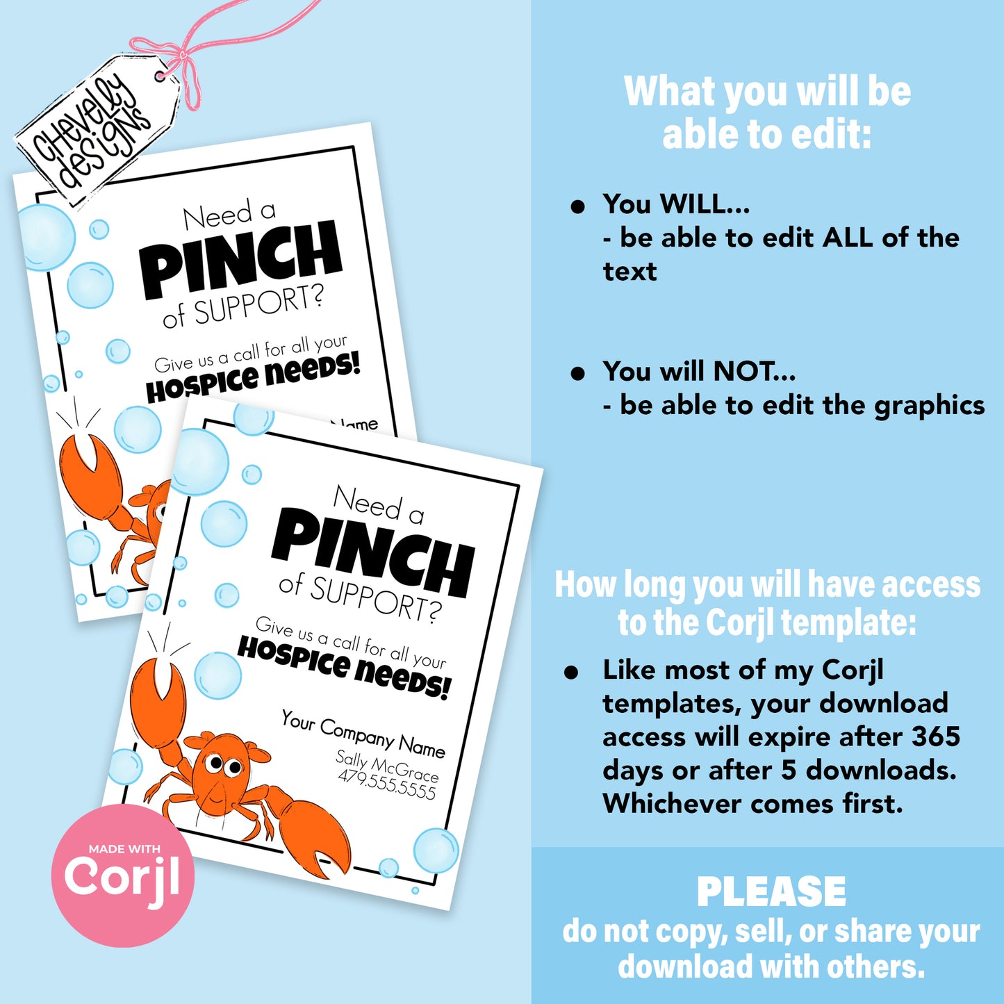EDITABLE - Need a Pinch of Support - Hospice Referral Gift Tag - Ocean, Lobster - Printable Digital File