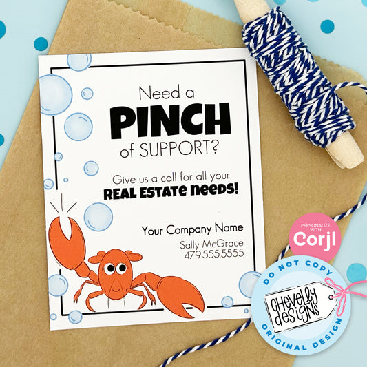 EDITABLE - Need a Pinch of Support - Real Estate Referral Pop By Gift Tag - Ocean, Lobster - Printable Digital File