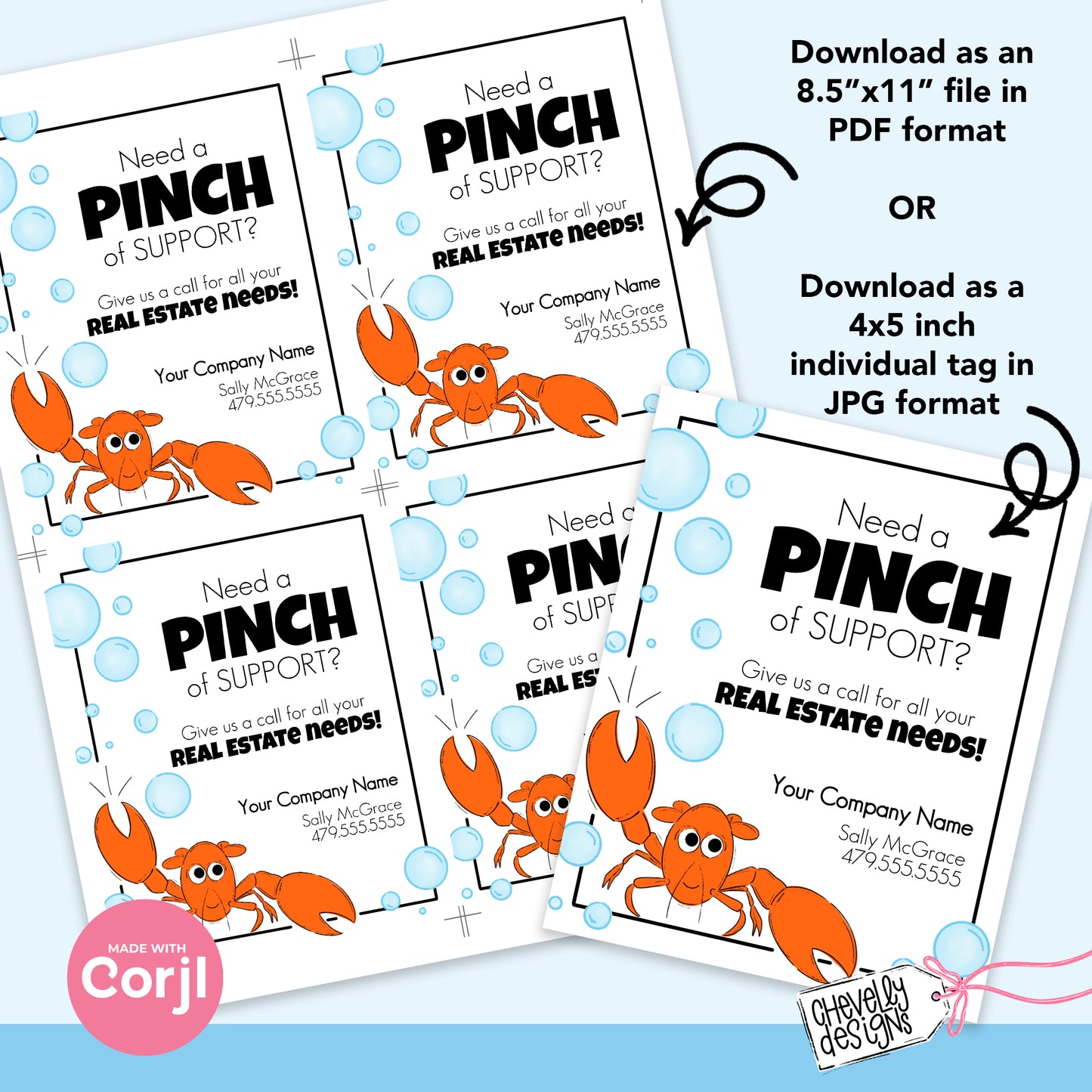 EDITABLE - Need a Pinch of Support - Real Estate Referral Pop By Gift Tag - Ocean, Lobster - Printable Digital File