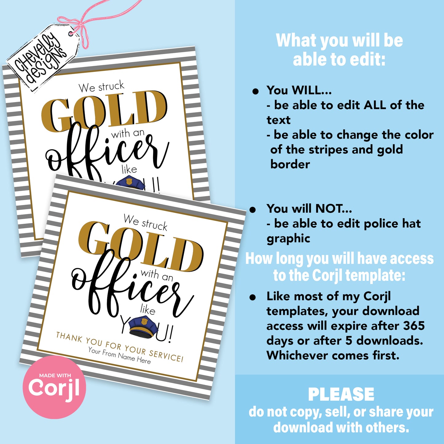 EDITABLE - We Struck Gold with an Officer like You - Police Officer Appreciation Gift Tags - Printable Digital File