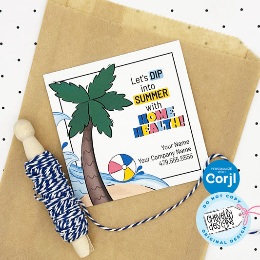 EDITABLE - Dip into Summer with Home Health - Chips and Dip Gift - Palm Tree, Ocean, Referral Gift Tags - Printable Digital File