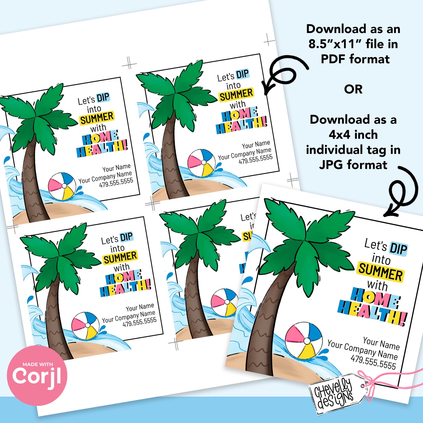 EDITABLE - Dip into Summer with Home Health - Chips and Dip Gift - Palm Tree, Ocean, Referral Gift Tags - Printable Digital File