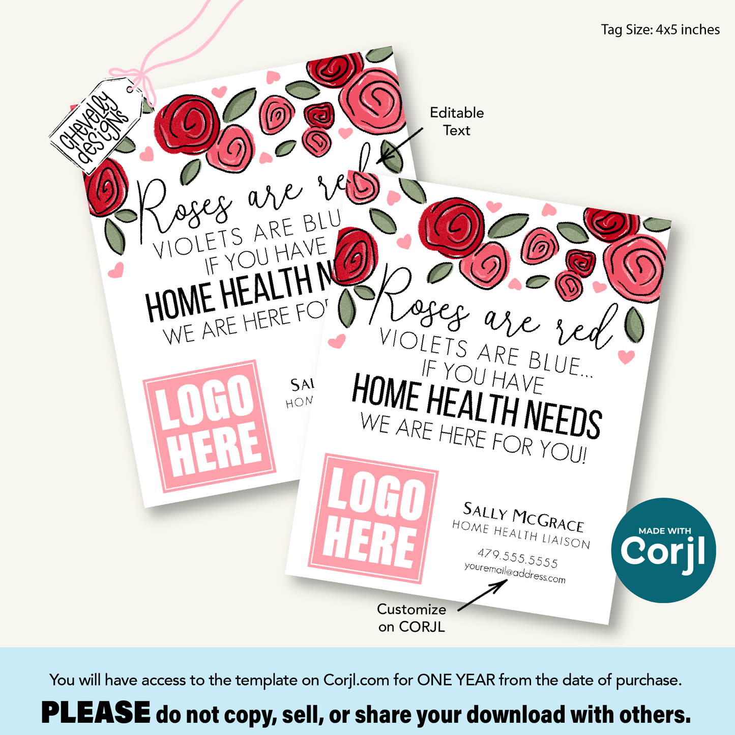 Editable Referral Gift Tag: Valentine Roses Home Health Marketing Label, Printable HTV014