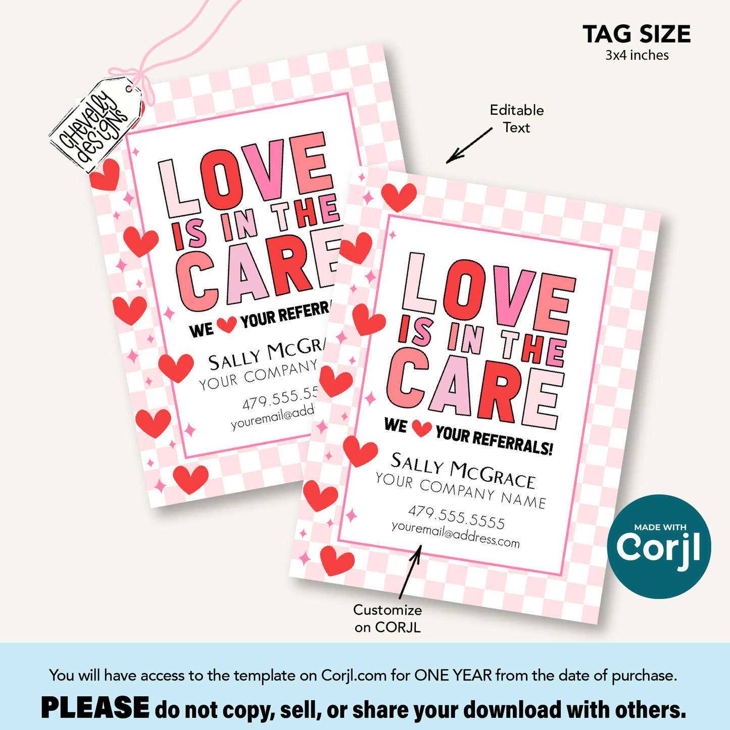 Editable Referral Gift Tag: Love is in the Care, Valentine Marketing Label, Printable VAL033a