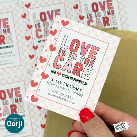 Editable Referral Gift Tag: Love is in the Care, Valentine Marketing Label, Printable VAL033a