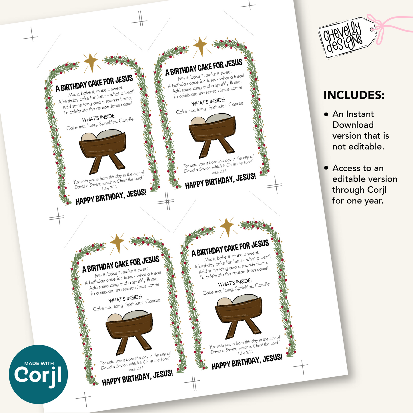 EDITABLE Christmas Gift Tag, Birthday Cake for Jesus, Neighbor, Classroom, Church Gift Idea - Printable Digital File HTX001a