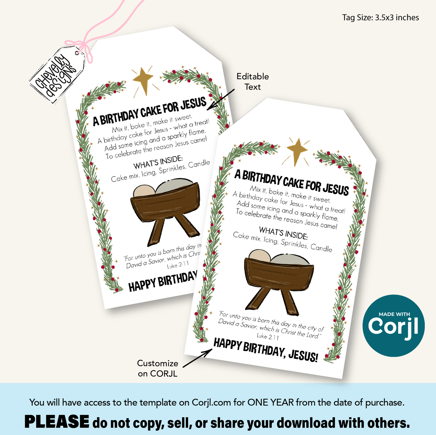 EDITABLE Christmas Gift Tag, Birthday Cake for Jesus, Neighbor, Classroom, Church Gift Idea - Printable Digital File HTX001a
