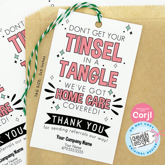 EDITABLE Christmas Referral Gift Tags - Tinsel in a Tangle Home Care Holiday Labels - Printable, Digital Download