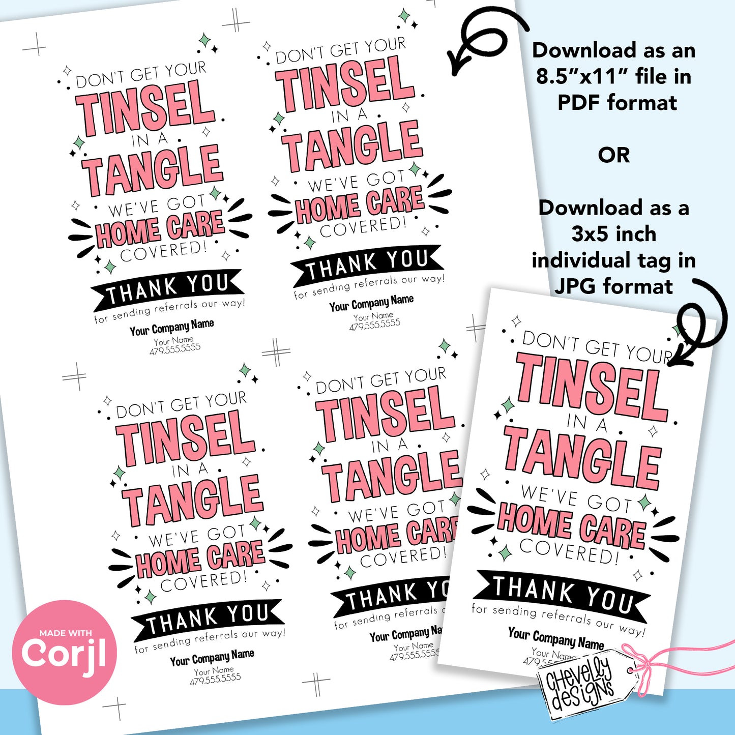 EDITABLE Christmas Referral Gift Tags - Tinsel in a Tangle Home Care Holiday Labels - Printable, Digital Download