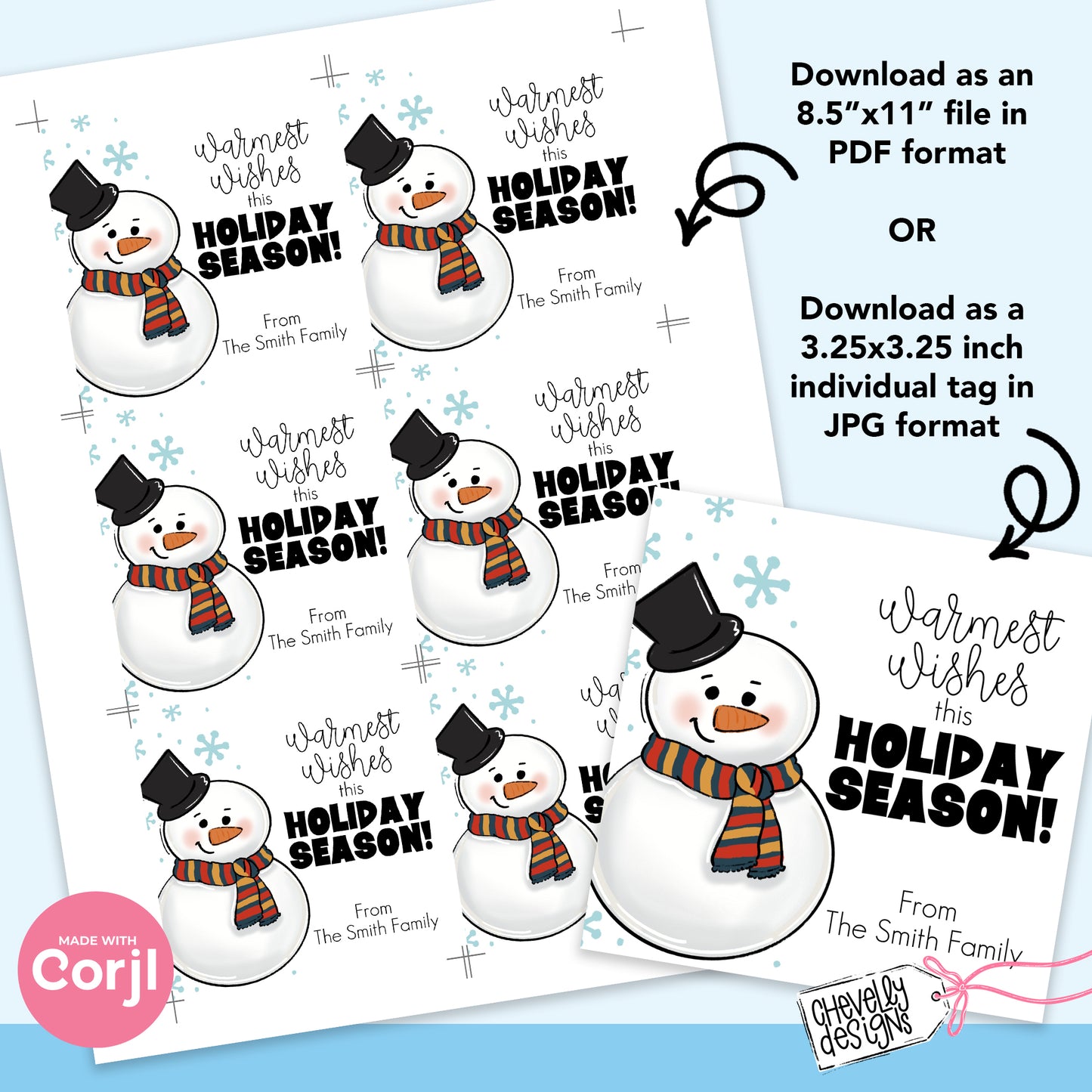 Editable Digital File - Warmest Wishes this Holiday Season - Snowman Gift Tags - Printable