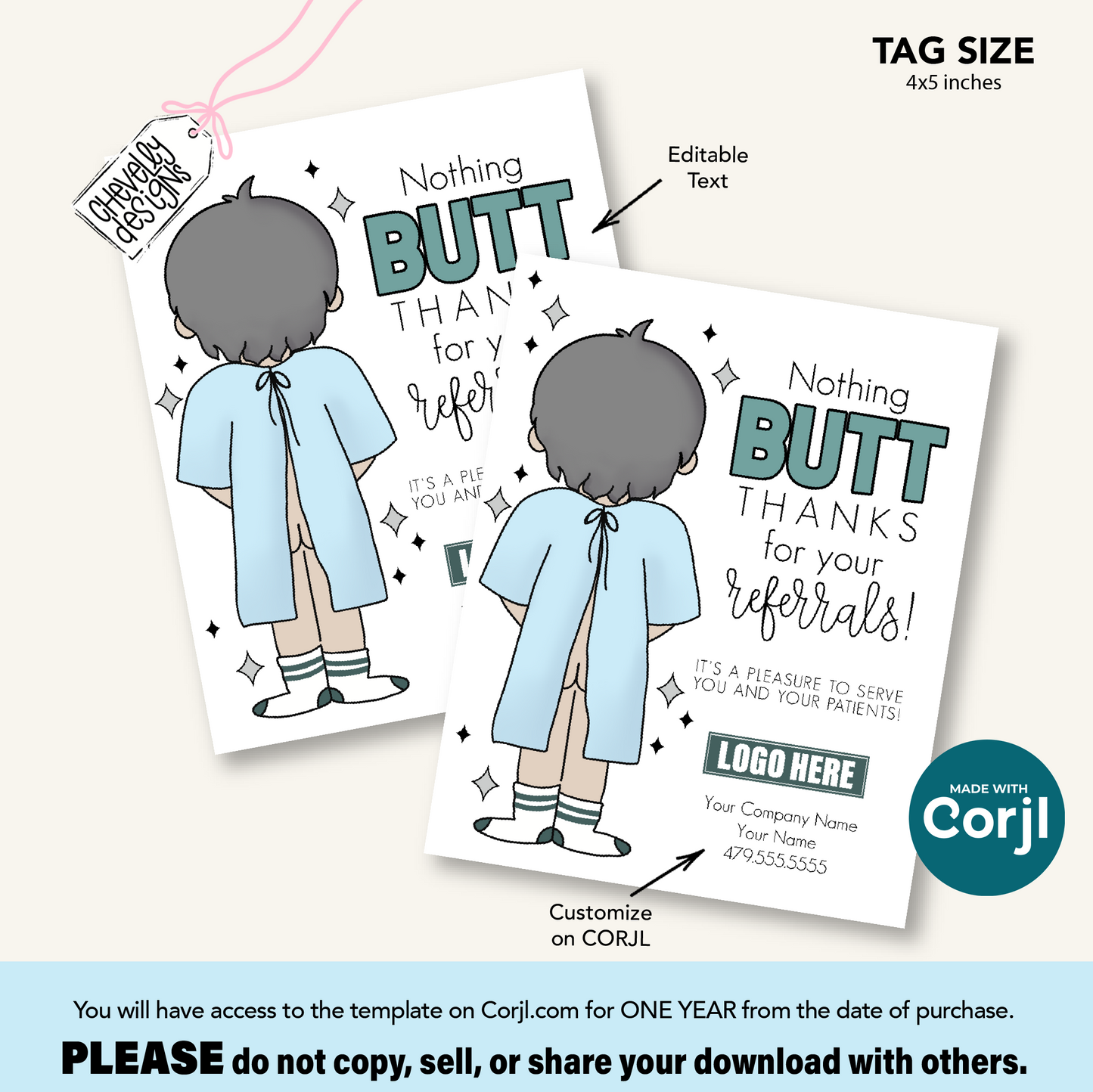 EDITABLE Referral Tags - Nothing Butt Thanks Patient in Hospital Gown - Printable Digital Download