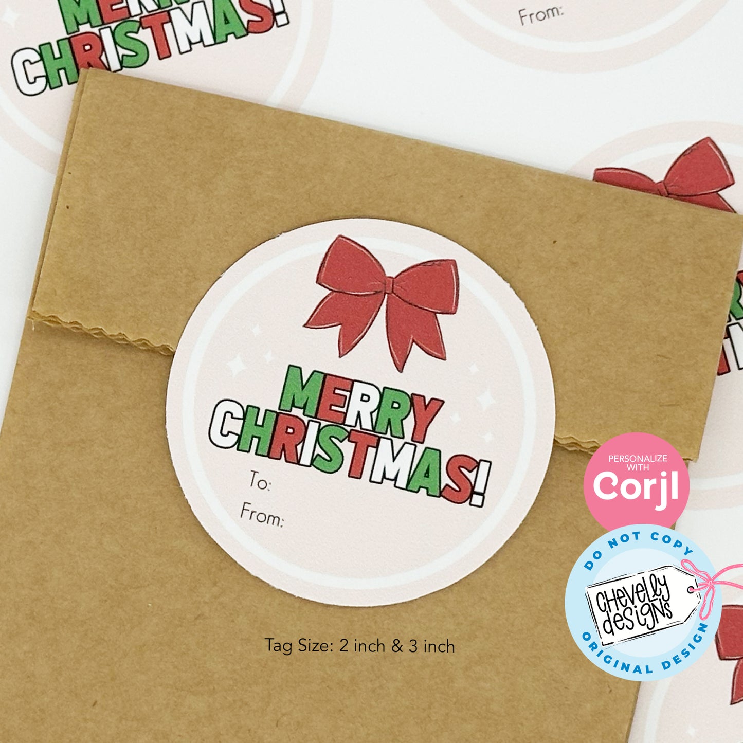 EDITABLE - Merry Christmas Bow Circle Gift Tags, Printable Digital File