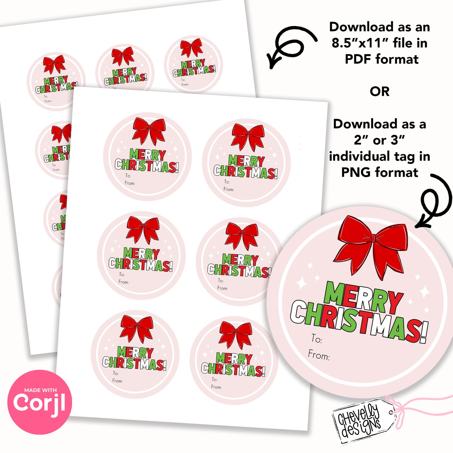 EDITABLE - Merry Christmas Bow Circle Gift Tags, Printable Digital File