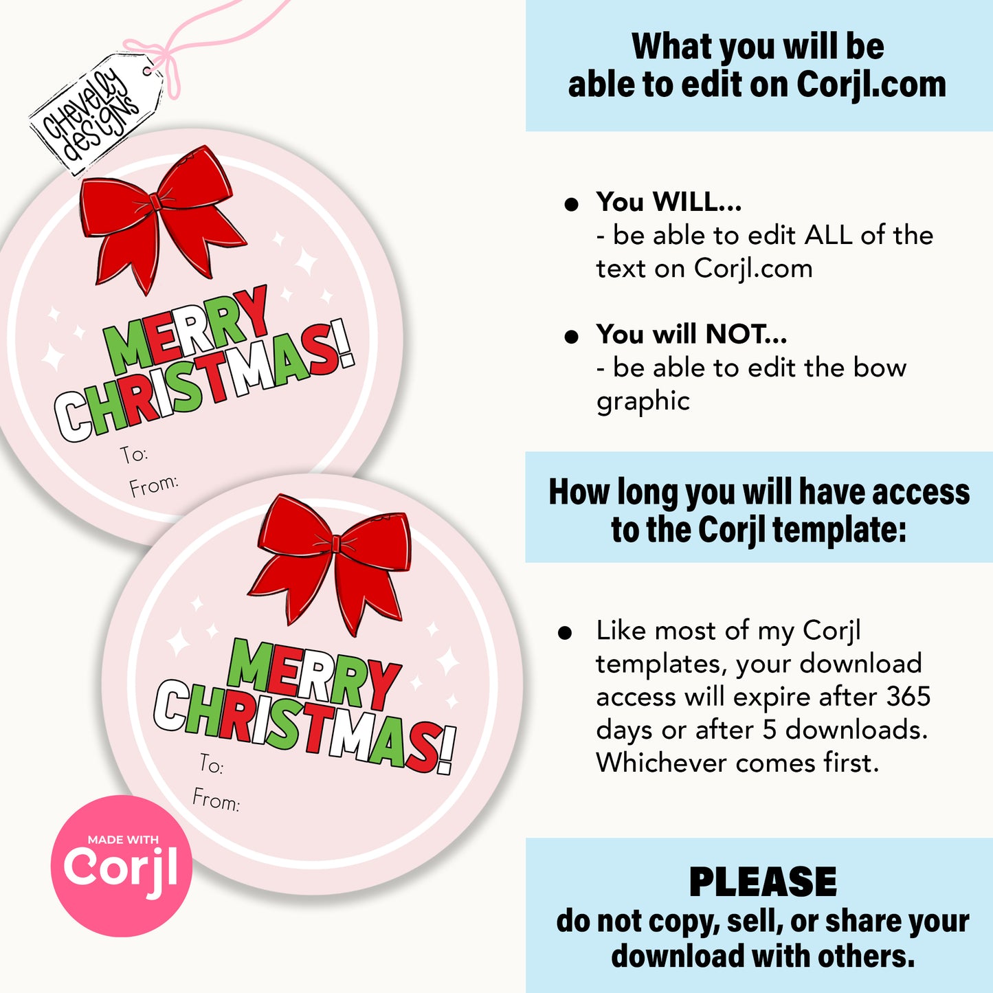 EDITABLE - Merry Christmas Bow Circle Gift Tags, Printable Digital File