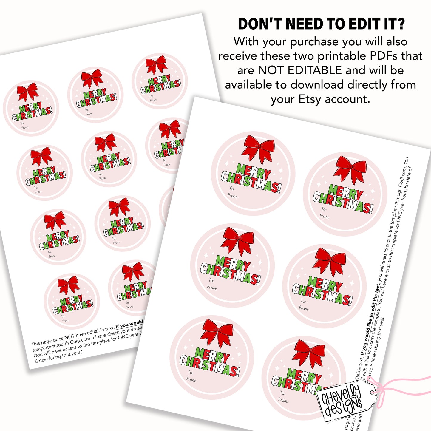 EDITABLE - Merry Christmas Bow Circle Gift Tags, Printable Digital File