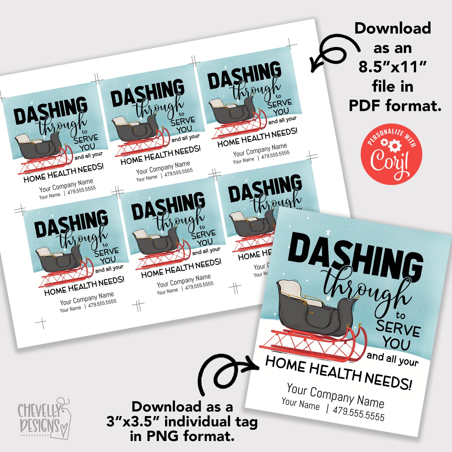 EDITABLE - Dashing Through To Serve You - Sleigh Home Health Business Referral Gift Tags - Printable Digital File
