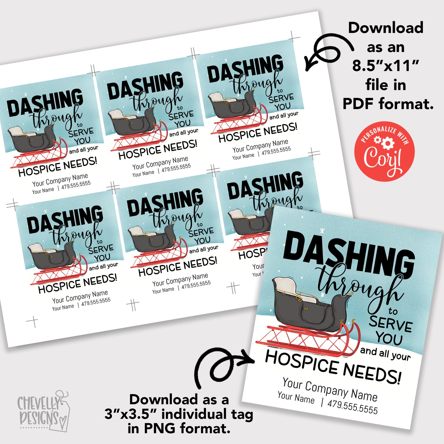 EDITABLE - Dashing Through To Serve You - Sleigh Hospice Business Referral Gift Tags - Printable Digital File