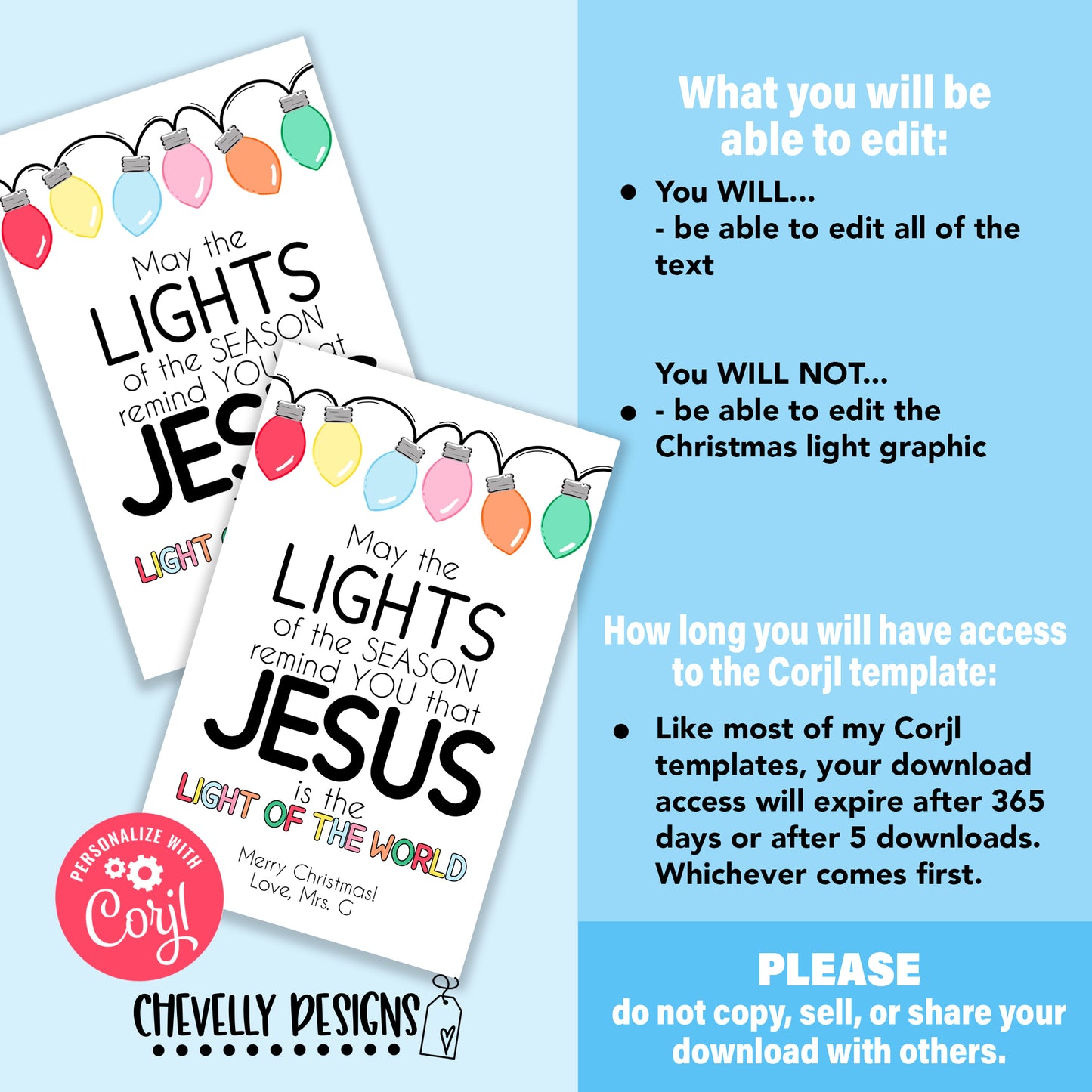 EDITABLE - Jesus, Light of the World - Printable String of Christmas Lights Gift Tags - Digital File