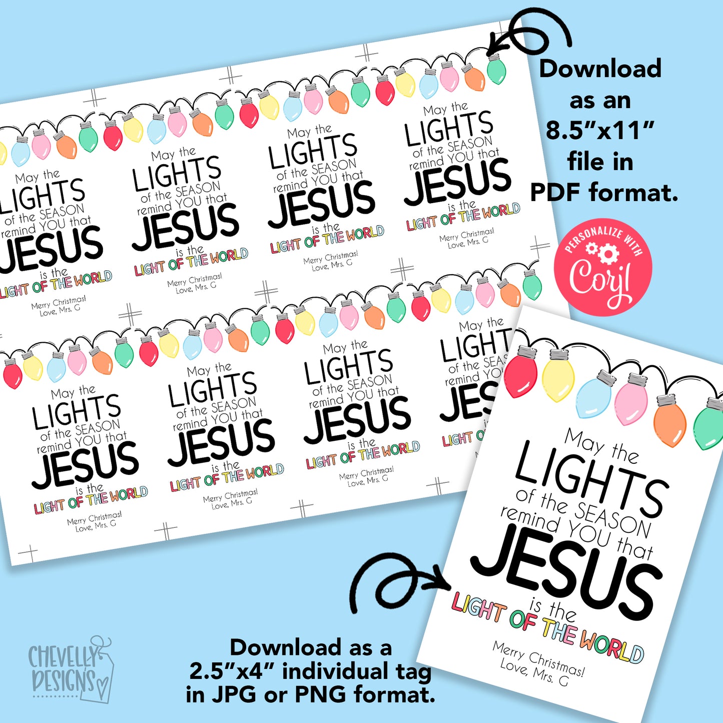 EDITABLE - Jesus, Light of the World - Printable String of Christmas Lights Gift Tags - Digital File