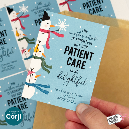 Editable Christmas Referral Gift Tag: Winter Snowman Patient Care Marketing Label (Printable File HTX079)