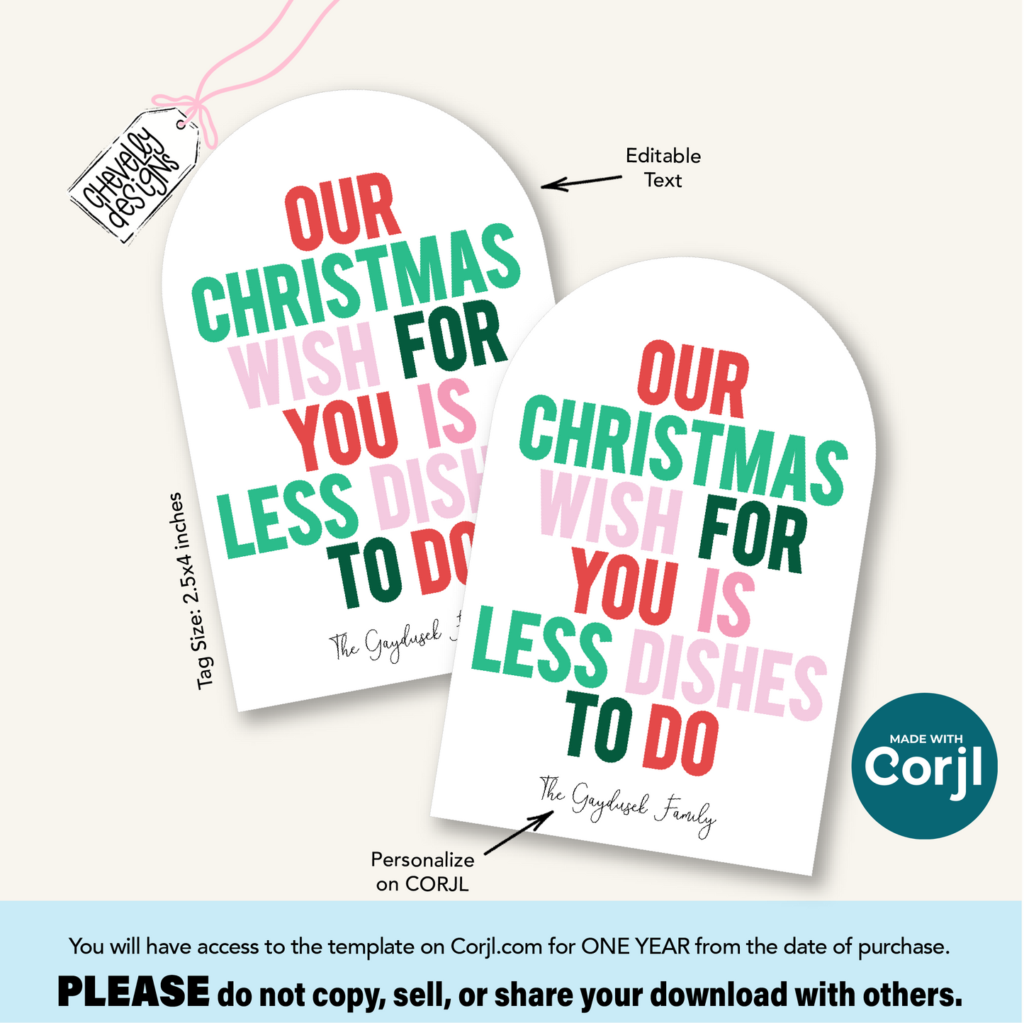 EDITABLE Christmas Gift Tags- Less Dishes To Do, Paper plate gift tag, Printable HTX081