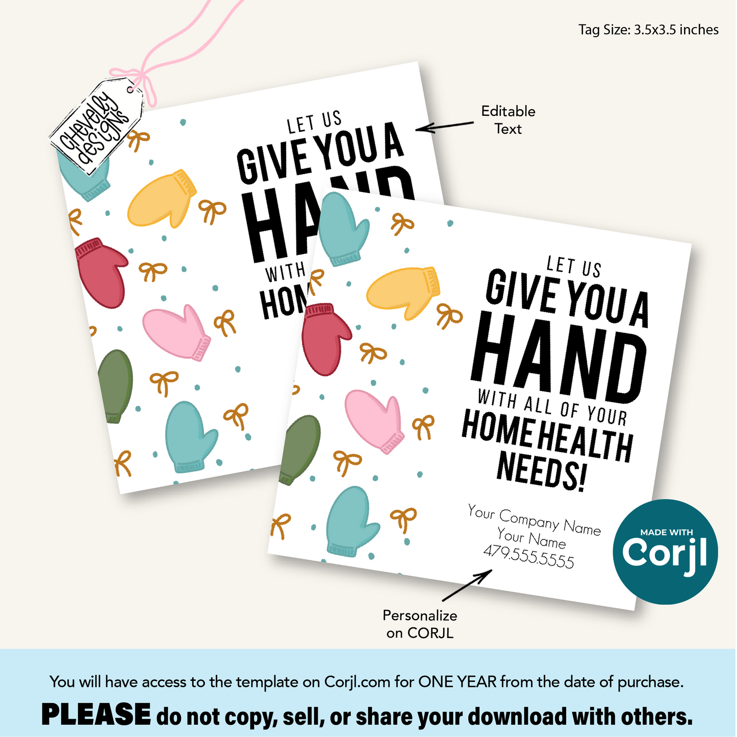Editable Referral Gift Tag: Give You a Hand, Home Health Needs, Mittens, Winter, Christmas, Marketing Label, Printable HTX082