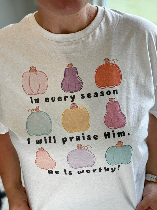 In Every Season I Will Praise Him | Fall & Halloween Graphic Tee | Christian Pumpkin Shirt | Faith-Based Autumn Apparel