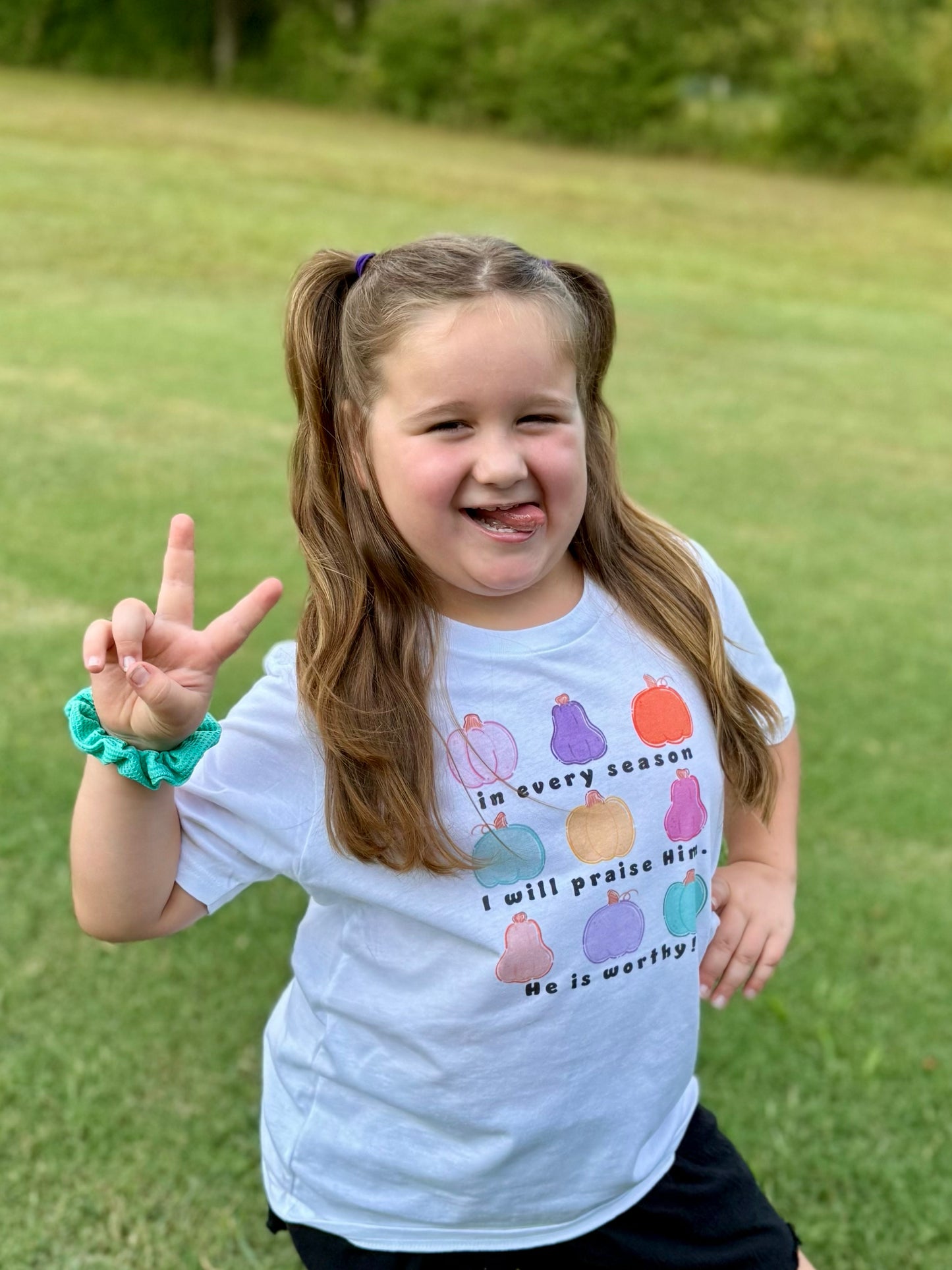 In Every Season I Will Praise Him | Kids Fall Graphic Tee | Christian Shirt with Pumpkins | Faith-Based Autumn Apparel - YOUTH