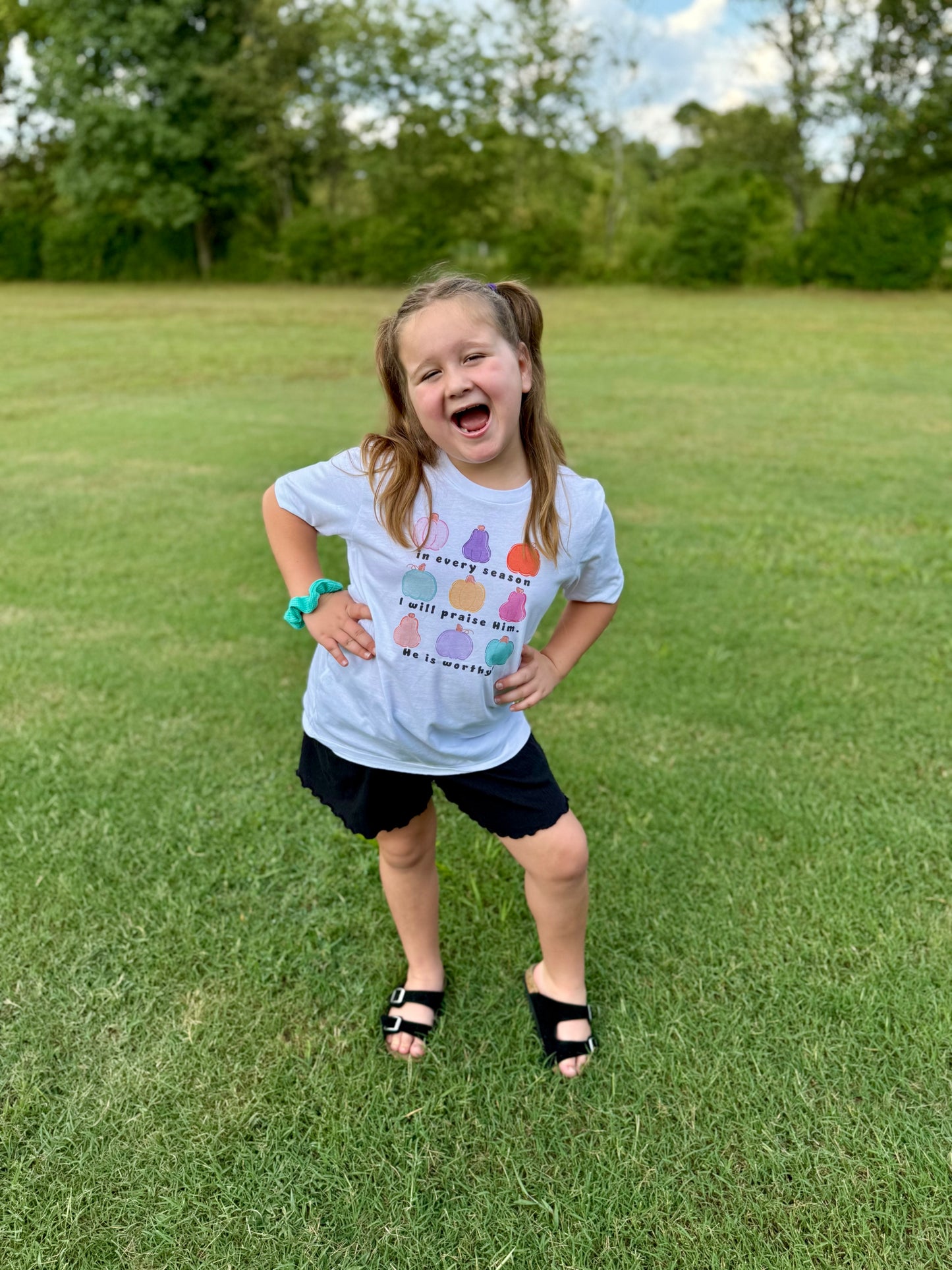 In Every Season I Will Praise Him | Kids Fall Graphic Tee | Christian Shirt with Pumpkins | Faith-Based Autumn Apparel - YOUTH